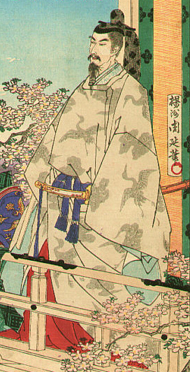 『東錦昼夜競』より「仁徳天皇」（部分）。1886年（明治19年）楊洲周延 画。