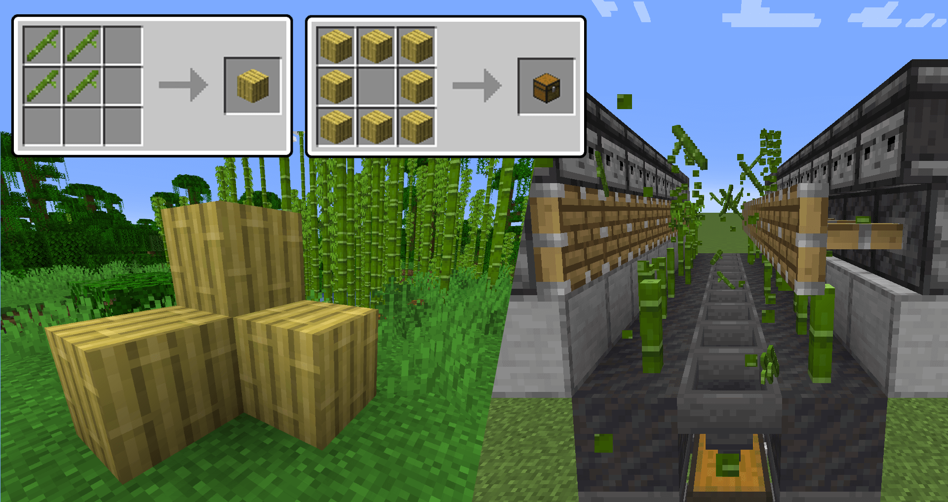 【マイクラ1.20】竹の板材が追加されることにより竹が再注目される。木よりも集めやすい点を活かして他の板材ブロックの代用に。